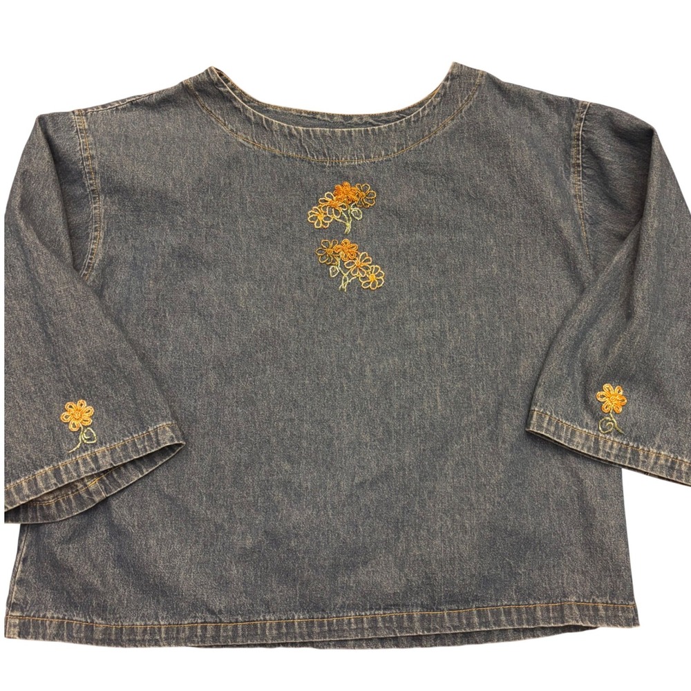 Jacobson's Vintage Women's‎ L | Blue Denim Embroidered Floral Beaded Blouse USA
